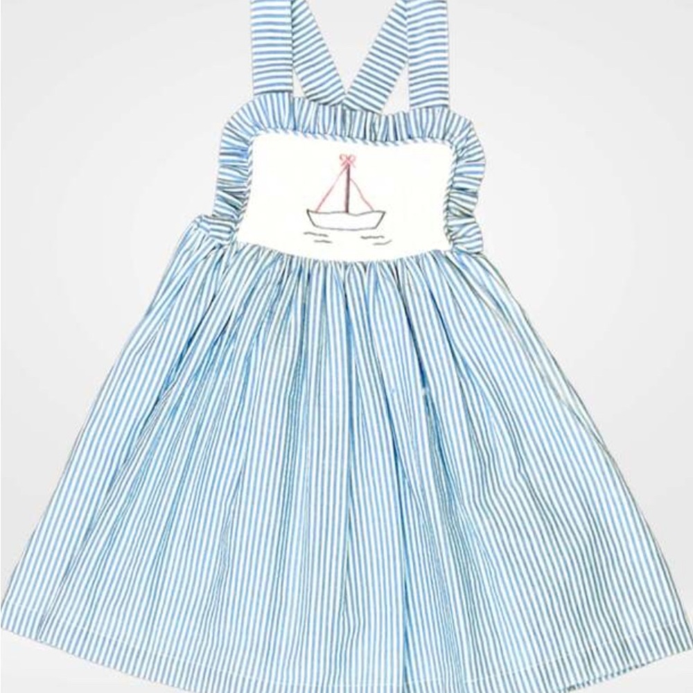 Maddie &‎ Connor Blue and White Striped Kids Dress Size 5 Lined 100% Cotton